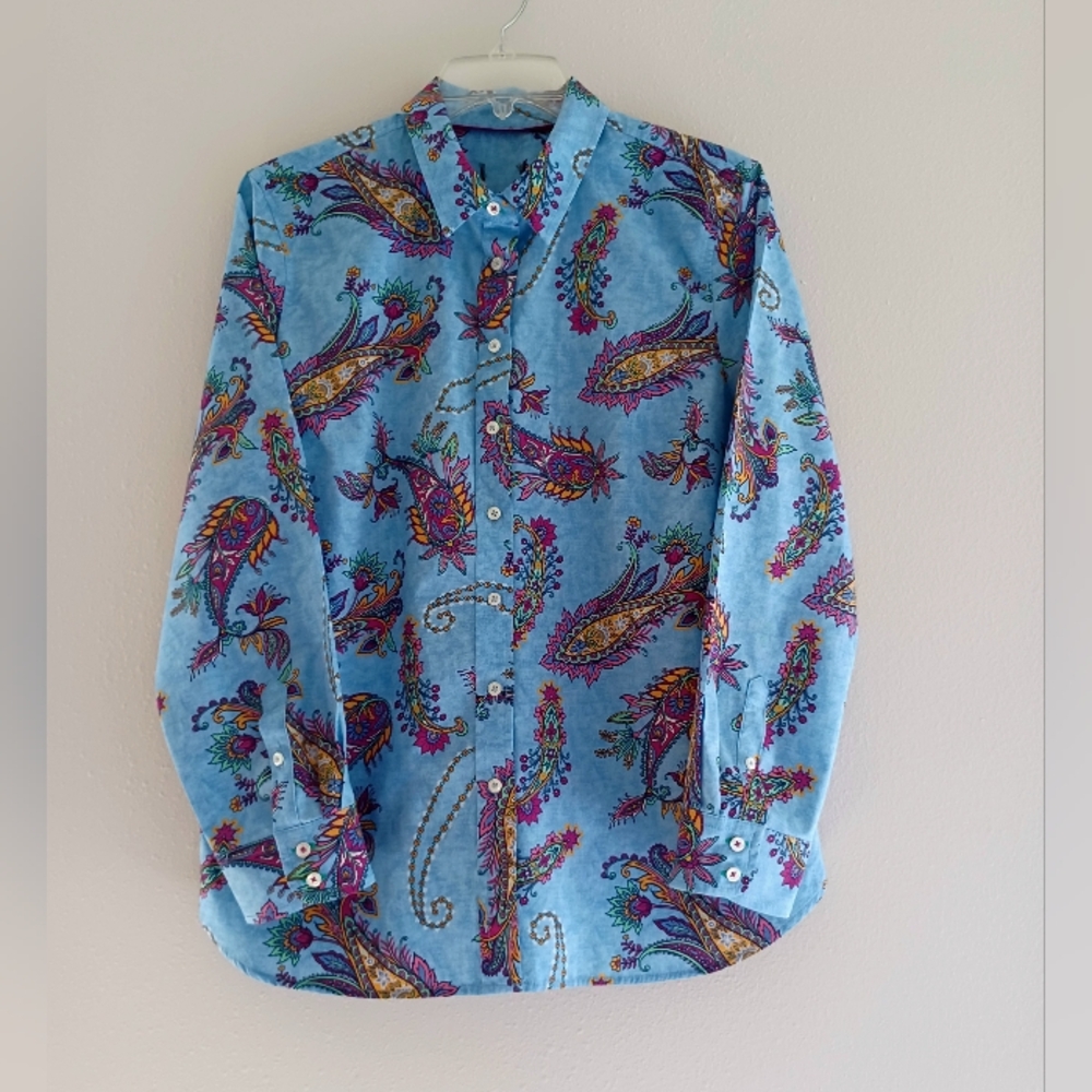 Talbots Cotton Button Front Shirt - Swirly Paisley, Size Lp - Picture 9 of 16